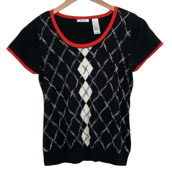 Liz & Co Argyle Scoop Neck Short Sleeve Sweater Size M/L - Picture 1 of 9